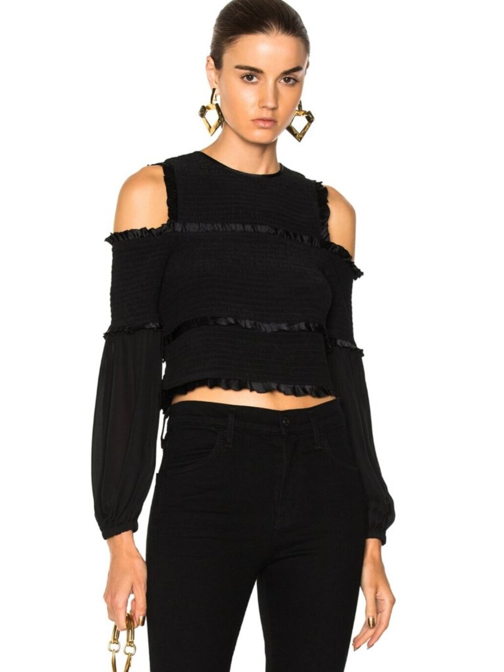 Rare Cinq a Sept Pascal 100% Silk Smocked Cold Shoulder Crop Top Black M